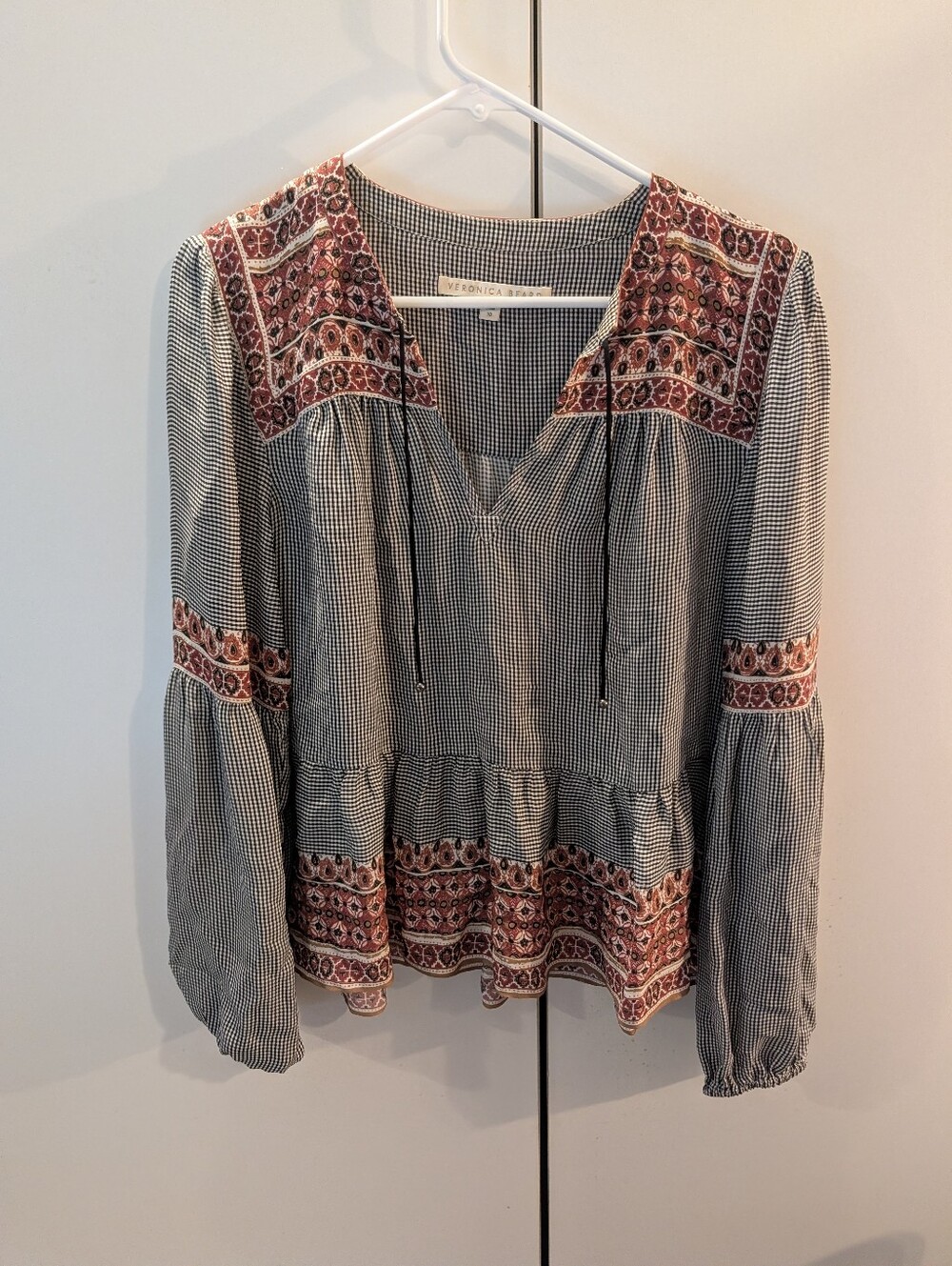 Veronica Beard Size 10 Black/White Silk Gingham Blouse with Rust Embroidery
